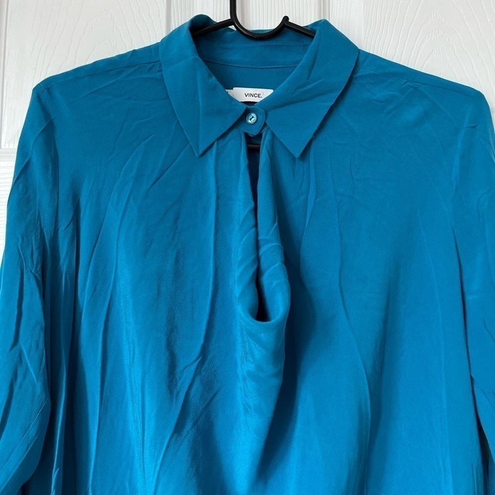 Vince Teal Silk Cowl Neck Blouse Long Sleeve Medium - Picture 7 of 11